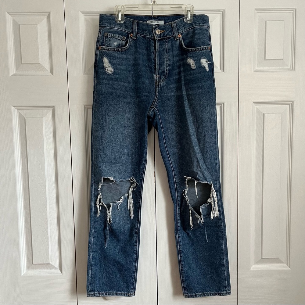 High Rise Ripped Straight-Leg Jeans